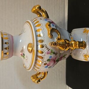 Decorative Russian Gzhel‎ Gold Samovar White And Pink Floral Porcelain EUC